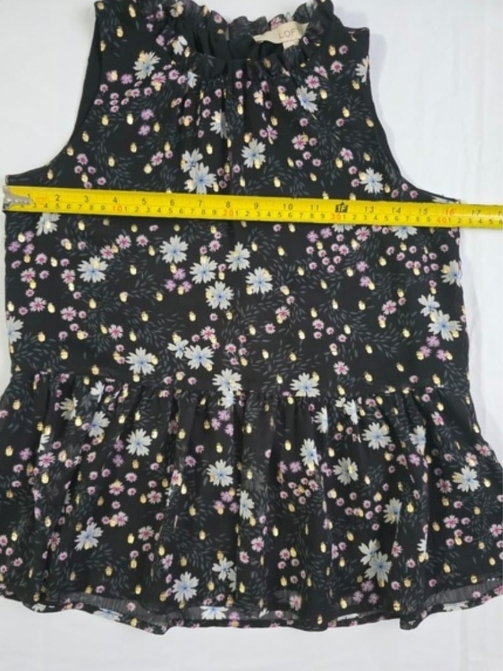 LOFT Petites P2XS Black Chiffon Floral Ruffle High Neck Sleeveless Blouse - Picture 7 of 15